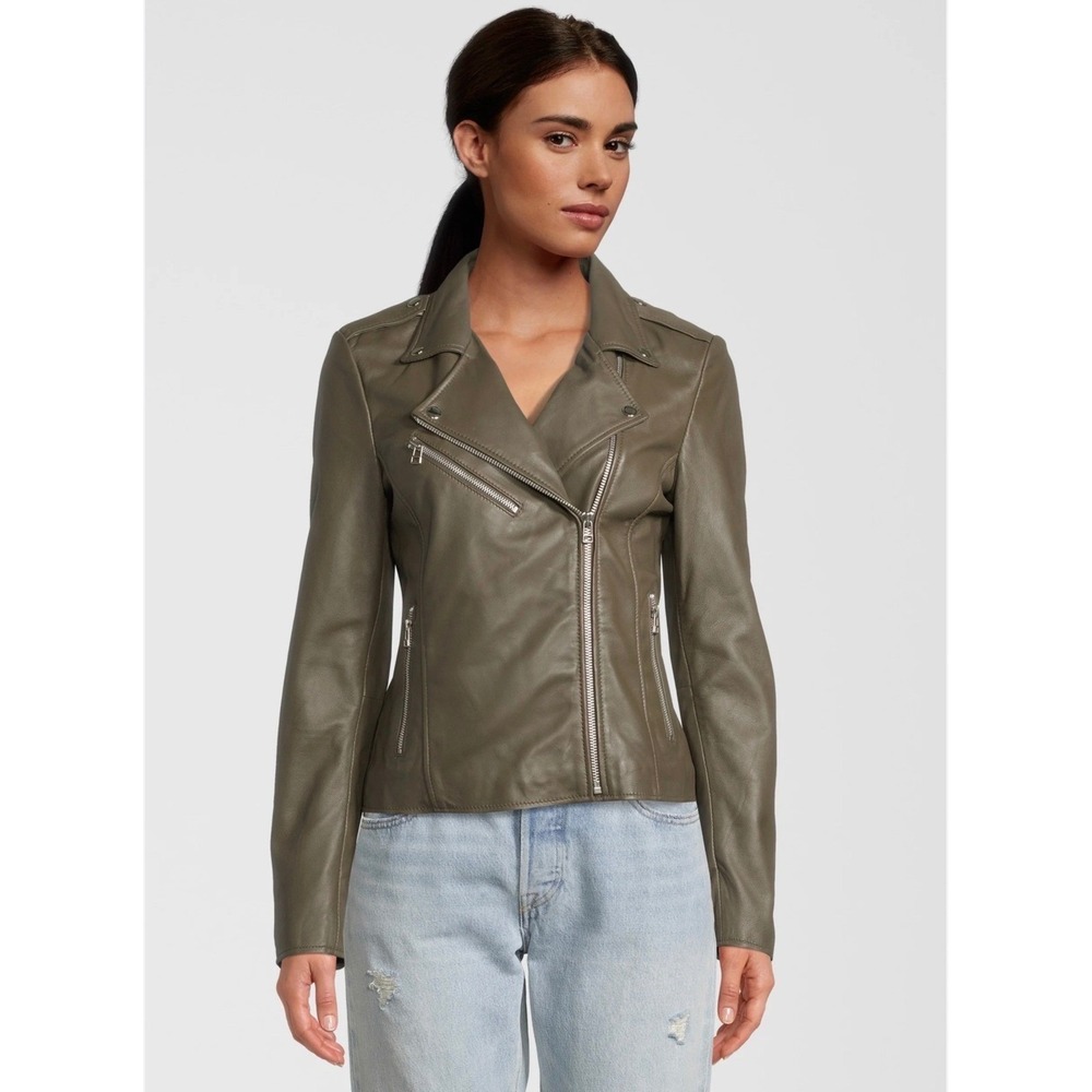 Goosecraft GC Julia Biker Olive Green Sheep Leather Moto Jacket Medium Bikercore